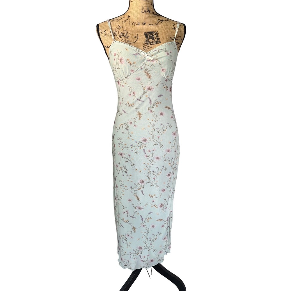 Thirty Thirty L.A. Floral Mesh Midi Slip Dress M Sage Green Coquette Soft Grunge